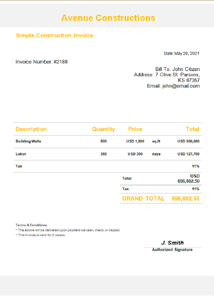 USA Avenue Constructions invoice PSD template